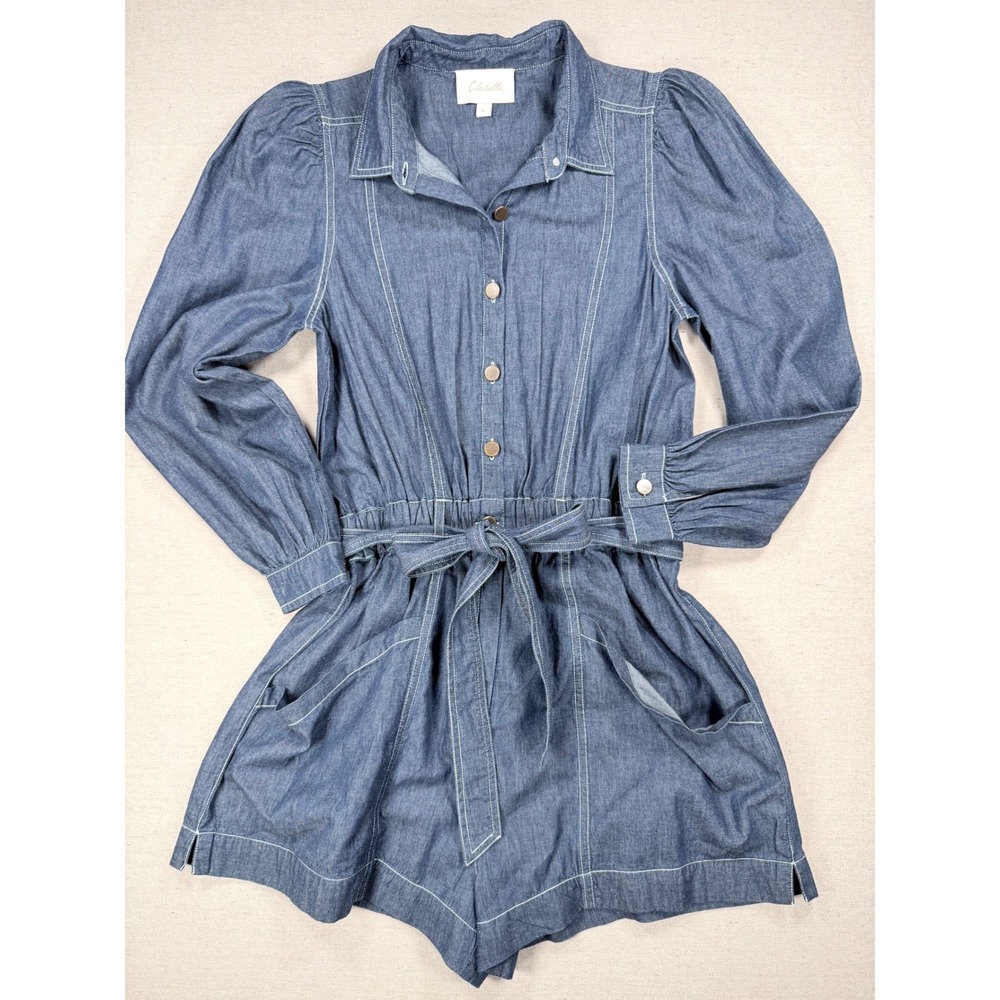 Cleobella Blue Denim Romper Long Sleeve Button Front Tie Waist Small NWOT